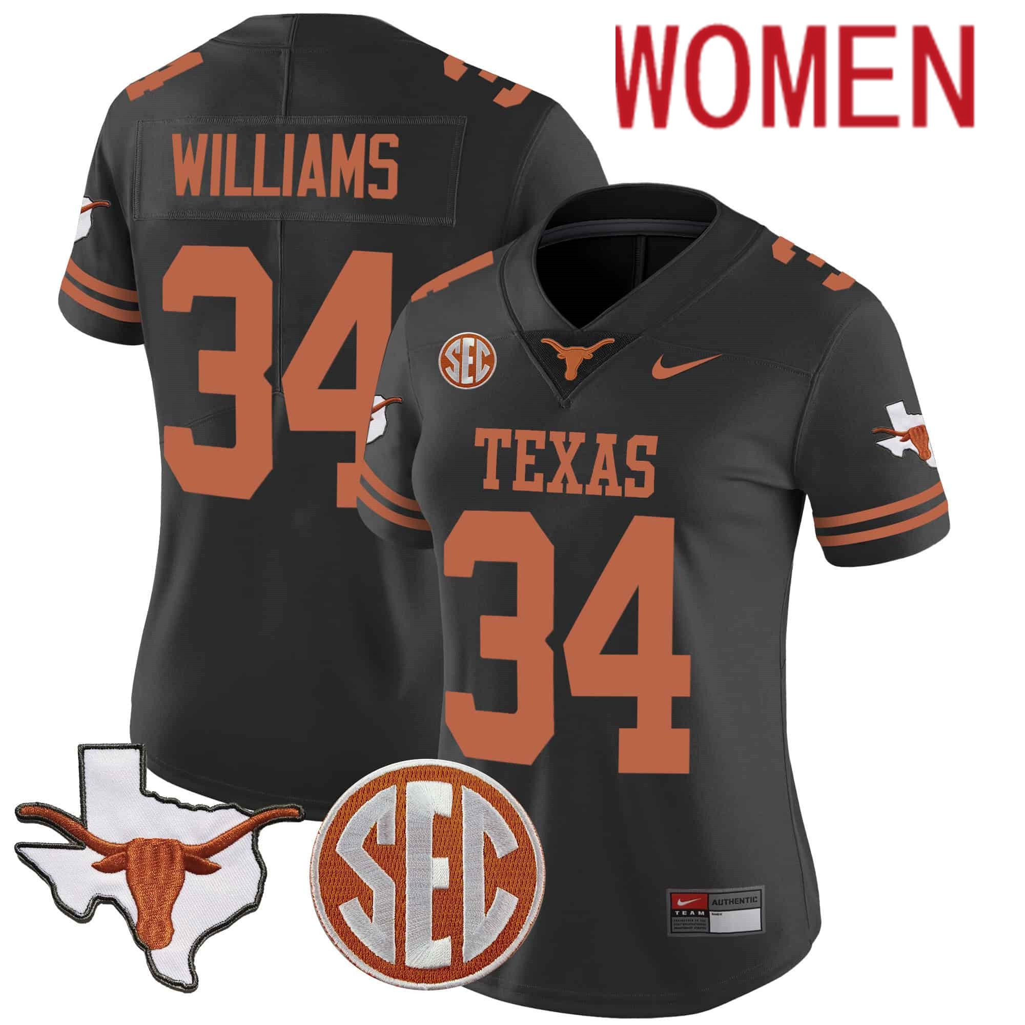Women Texas Longhorns #34 Williams Black 2024 Nike State Map & SEC Patch Vapor NCAA Jersey style 1